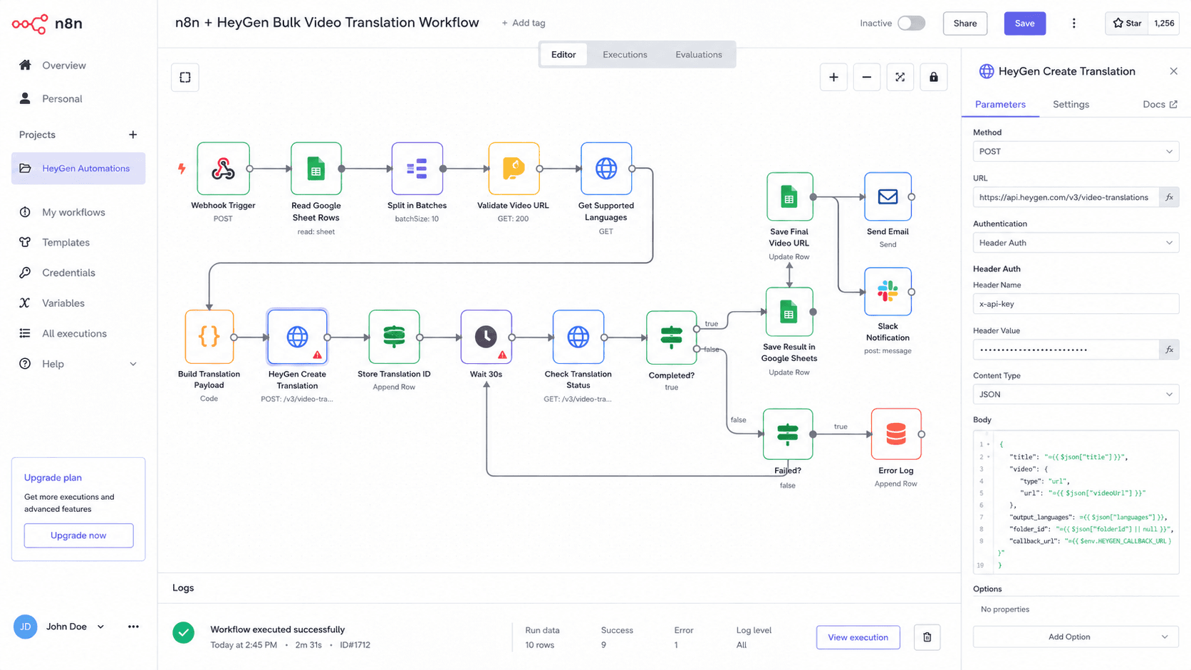An n8n node canvas coordinating batch video translation, status tracking, and publishing outputs