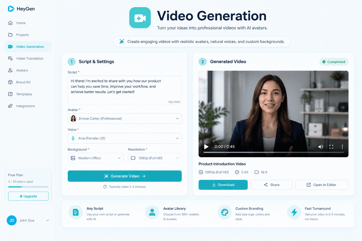 HeyGen V3 Features Lab AI Studio screen with avatar, voice, script, and video generation controls